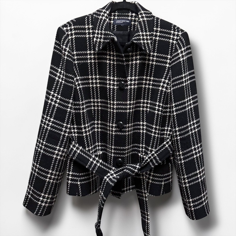Jones New York Signature 100% Wool Plaid Belted Jacket Black White Collared Coat